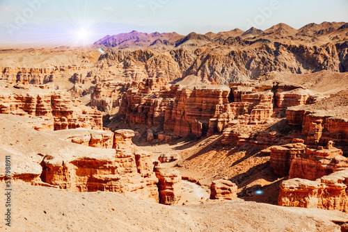 Panoramic view of Charyn Canyon in Kazakhstan near Almaty during sunrise