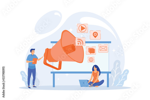 Marketing team work and huge megaphone with media icons. Marketing and branding, billboard and ad, marketing strategies concept on white background, flat vector modern illustration