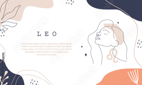 Leo zodiac sign. One line drawing. Astrological icon with abstract woman face. Mystery and esoteric outline background. Astrology horizontal banner. Linear vector illustration in minimalist style.