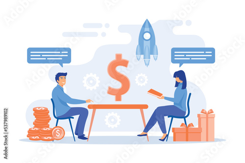Salesperson trying to persuade customer in buying product. Personal selling, face-to-face selling technique, sales method trends concept, flat vector modern illustration