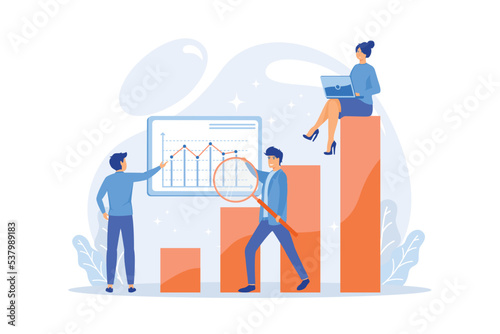 Marketers with magnifier research marketing opportunities chart. Marketing research, marketing analysis, market opportunities and problems concept, flat vector modern illustration