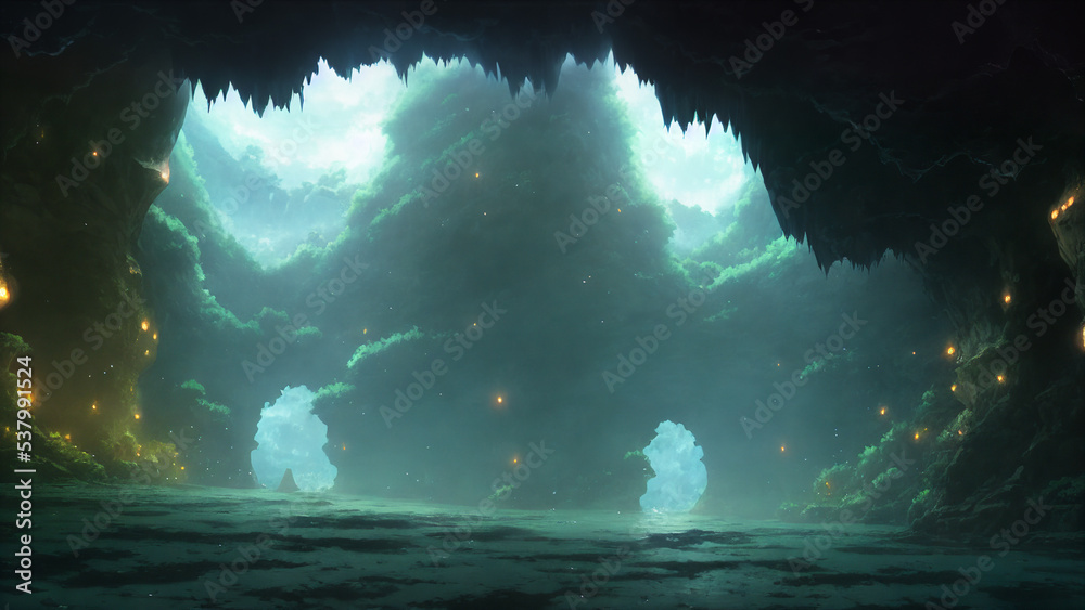 Artwork of fantastical unrealistic caves, floating, wet, good lighting