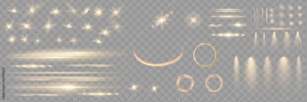 Light effect set. Glow isolated white transparent light effect set, lens flare, explosion, glitter, dust, line, sun flash, spark and stars, spotlight, curve twirl. Sunlight, abstract special effect.