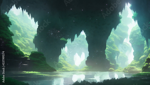 Artwork of fantastical unrealistic caves  floating  wet  good lighting