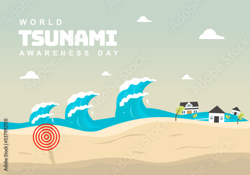 World tsunami awareness day background with wave and houses.