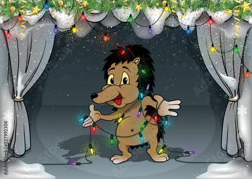 Christmas Background with Snowy Decorated Stage with Standing Cute Hedgehog w...