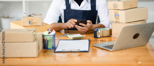 Starting a small business, freelance SME entrepreneur. Portrait of a young man working from home, box, smartphone, laptop, online, marketing, packaging, shipping, SME, ecommerce concept.