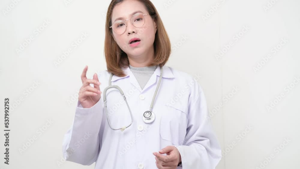 Asian doctor talking to patient via video call, looking at camera make video chat conference call, Medical online