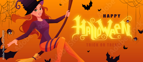 Halloween banner with redheaded witch flying on broom and hand lettering text. Cartoon vector illustration