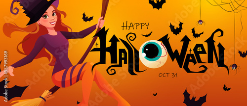 Halloween banner with redheaded witch flying on broom and hand lettering text. Cartoon vector illustration