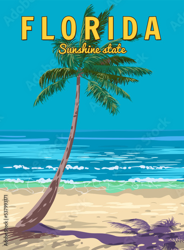 Retro Poster Florida Beach. Palm on the beach, coast, surf, ocean. Vector illustration vintage