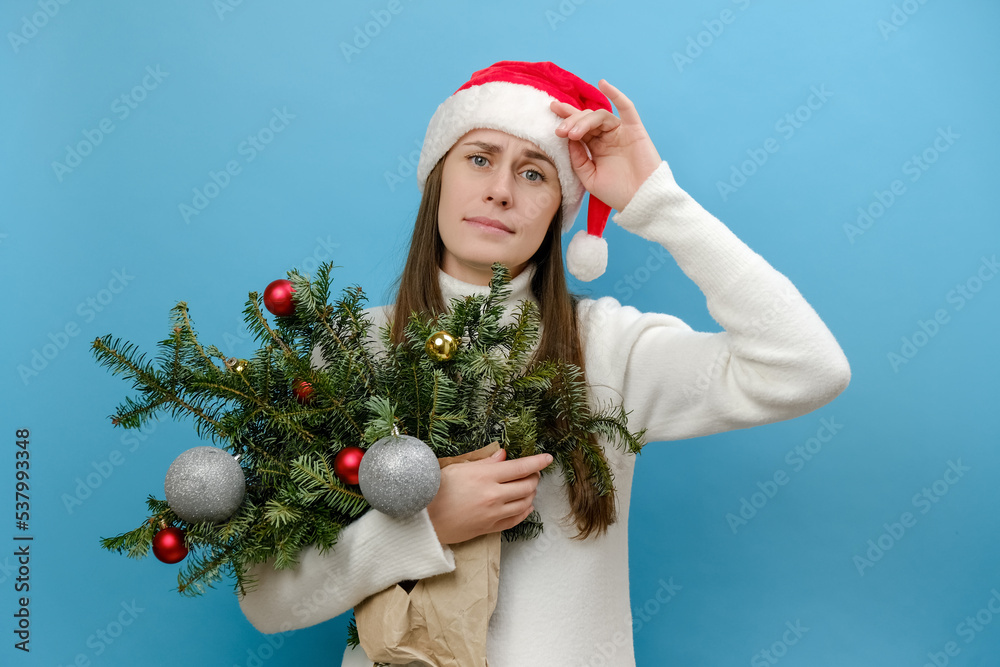 Portrait of unhappy sad young woman wears white sweater and Christmas red hat holding bouquet of spruce branches hand on forehead having headache suffer from migraine, posing over blue background wall Portrait of unhappy sad young woman wears white sweater and Christmas red hat holding bouquet of spruce branches hand on forehead having headache suffer from migraine, posing over blue background wall