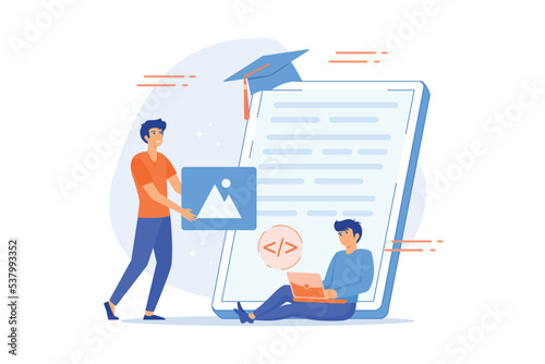 Programming courses web design concept with people. Students studying with computers scene. Online IT courses composition in flat style, flat vector modern illustration