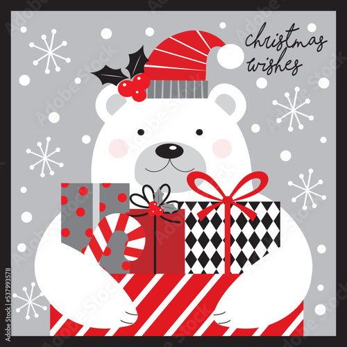 christmas greeting card with polar bear and presents
