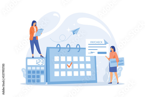 Calendar with payday, calculator and tiny business people getting a paycheck. Paycheck cash, payroll tax deposit, payroll software concept, flat vector modern illustration