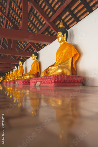 Buddha images are arranged in Wat Phra Mahathat Woramahawihan.