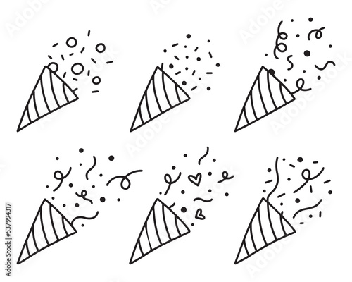 Set of popper confetti. confetti isolated, explosion, fireworks, holiday. vector drawing. hand drawn style. Doodle style