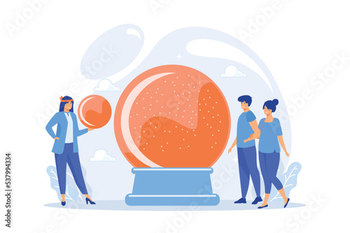 Magical divination and cartomancy. Gipsy soothsayer, prophet with clients. Fortune telling, fortune teller online, tarot reading services concept, flat vector modern illustration