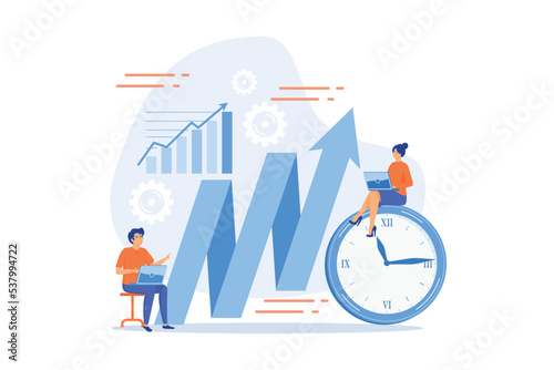 Businessman working on clock hand and businesswoman with laptop. Productivity, efficiency of production, qualification concept on white background, flat vector modern illustration