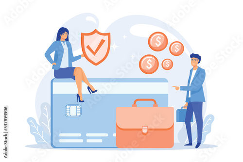 Credit card security, protecting financial savings. Monthly pay, salary, budget. Personal bank account, savings bank deposit, fixed rate loan concept, flat vector modern illustration
