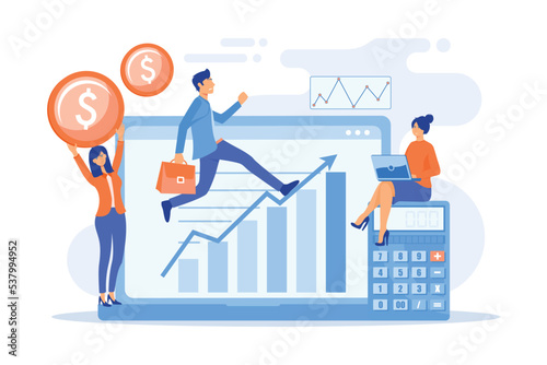 Stock trading, income growth. ROI, investment increasing. Business profits calculation. Demand planning, demand analytics, digital sales forecast concept, flat vector modern illustration photo