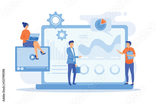 Data analysis, business analytics, SMM strategy. Analysts team working. Social media dashboard, online marketing interface, social media metrics concept, flat vector modern illustration