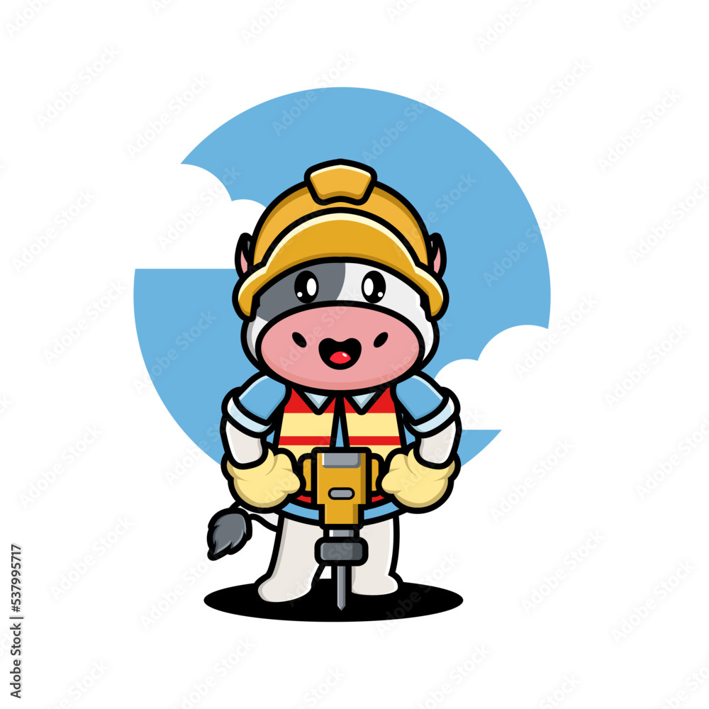 Cute cow construction worker cartoon