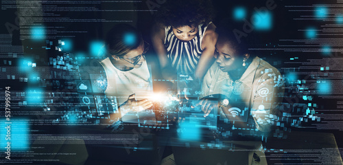 Woman, cyber security and IoT with technology for team, meeting or programming working at night with digital overlay. Group of female employee developers code, app or big data in futuristic network
