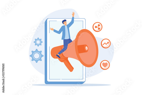 flat style, business promotion, advertising, call through the horn, online alerting, flat vector modern illustration