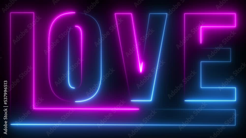 Glowing neon lines love text animation on black background. Seamless loop. 4K footage