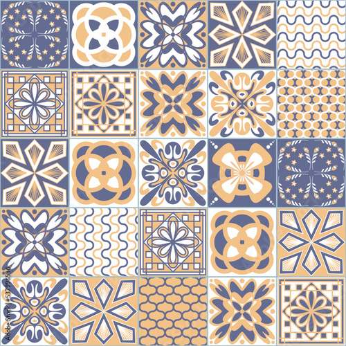 Azulejo talavera ceramic tile spanish portuguese pattern, purple traditional retro background, vector illustration