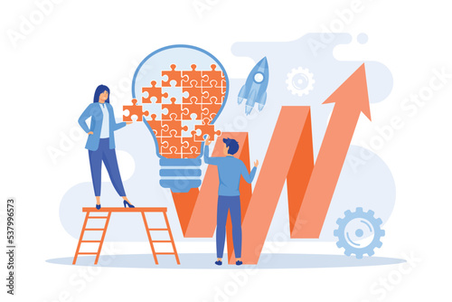Business team doing lightbulb from jigsaw puzzle and rising arrow. Creative idea and insight, notion, invention concept on white background, flat vector modern illustration