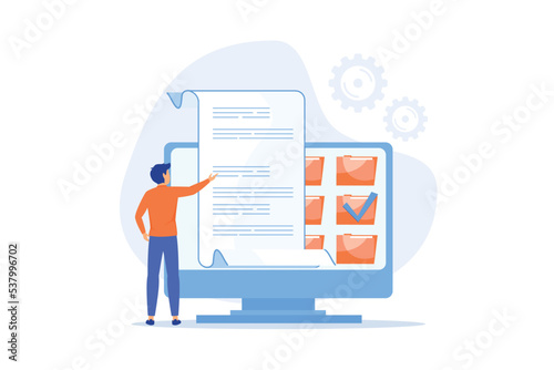 Records management concept. Man stands next to computer monitor and sorts information into folders. Order in digital files and documents. Employee perform inventory, flat vector modern illustration