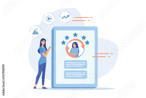Marketing team working on personal brand, creating corporate identity, advertising profile or web site of female professional, flat vector modern illustration