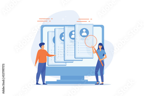 virtual job fair. The Human resources department selects professionals from among the vacancies of employees, flat vector modern illustration