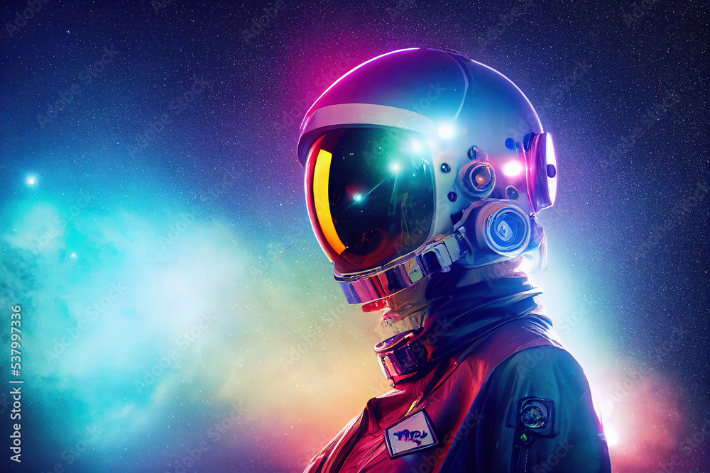 Attractive woman in a spacesuit on space nebula background. Neonpunk, pin up style. 3d illustration Attractive woman in a spacesuit on space nebula background. Neonpunk, pin up style. 3d illustration
