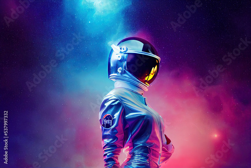 Attractive woman in a spacesuit on space nebula background. Neonpunk, pin up style. 3d illustration