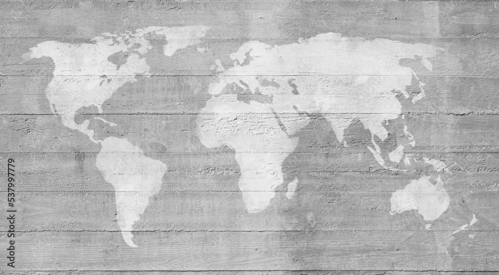 White world map painted on a gray concrete wall, the map is weathered and scratched. High resolution full frame textured background in black and white. Copy space.