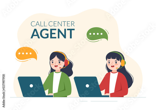 Call Center Agent of Customer Service or Hotline Operator with Headsets and Computers in Flat Cartoon Hand Drawn Templates Illustration