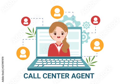 Call Center Agent of Customer Service or Hotline Operator with Headsets and Computers in Flat Cartoon Hand Drawn Templates Illustration