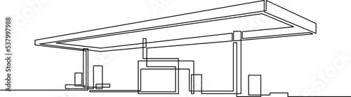 Single one line drawing of gas station building construction. Fuel station service isolated doodle minimal concept. Trendy continuous line draw design. Vector illustration.
