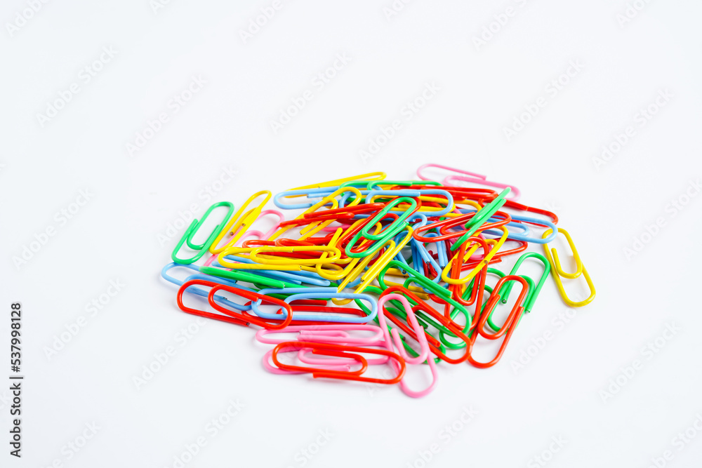Paper clips colorful isolated on white background, office equipment.