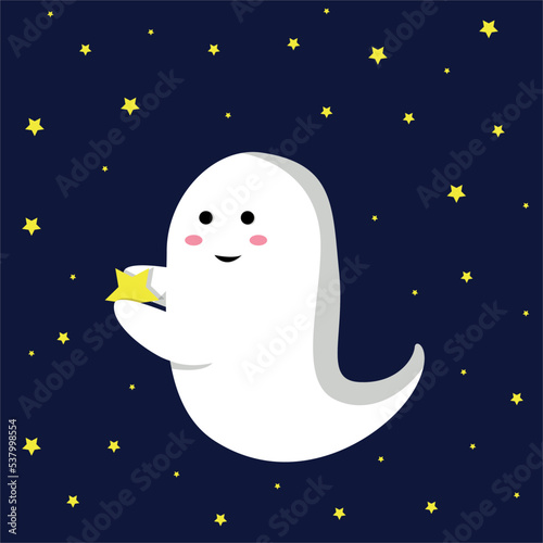 The postcard Happy halloween with ghost and stars. Vector illustration