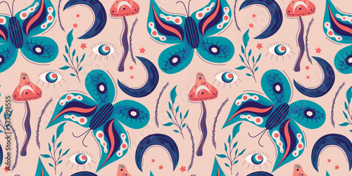 Celestial magic seamless pattern with boho butterfly. Mystic moon vector illustration. Magic celestial print. Astrology esoteric background.