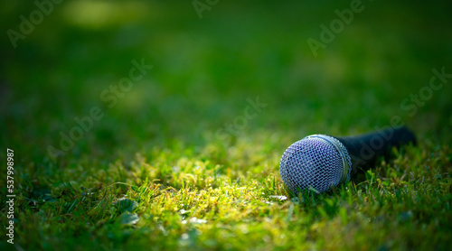 Fototapeta Naklejka Na Ścianę i Meble -  Microphone on a green summer background. An outdoor concert. Performance in nature.