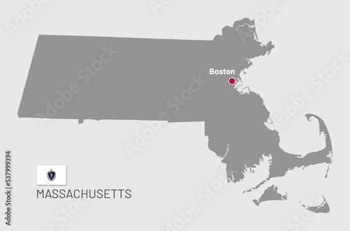 Gray map of Massachusetts, federal state of USA. Silhouette of Massachusetts abstract outline editable map with borders and flag of federal state realistic vector illustration