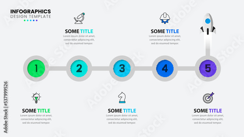 Infographic template. Timeline with five steps and rocket