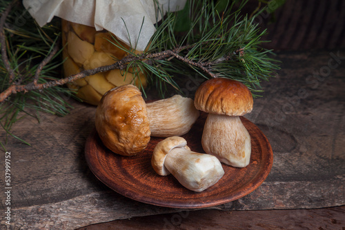 Clay plate with three porcini mushrooms commonly known as Boletus Edulis and glass jar with canned mushrooms on vintage wooden background..