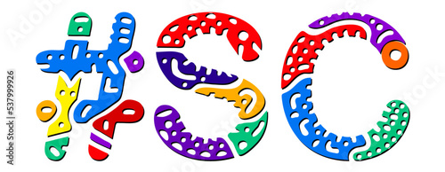 SC Hashtag. Multicolored bright isolate curves doodle letters. Hashtag #SC is abbreviation for the US American state South Carolina for social network, web resources, mobile apps.