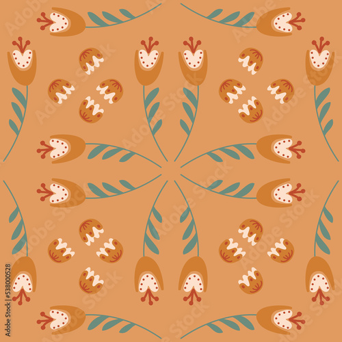 Bell flower pattern on rich orange background seamless pattern for design, sprig campanula flower blossom, vector illustration